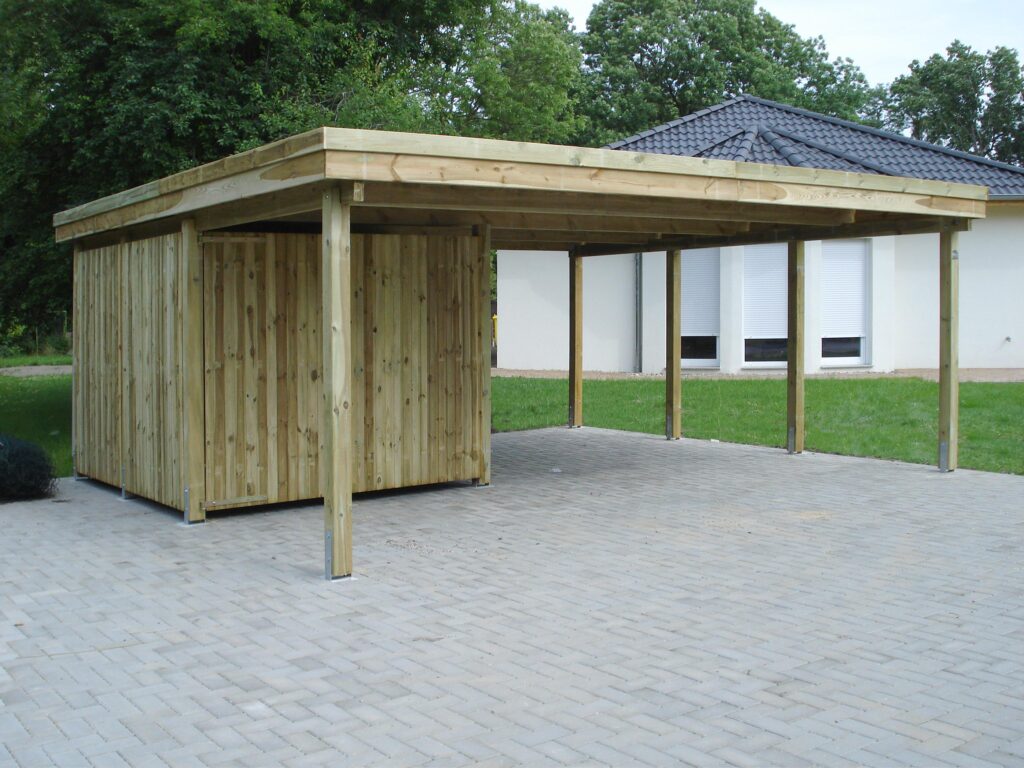 Freitragender Flachdach-Doppelcarport aus Holz mit geräumigem Abstellraum