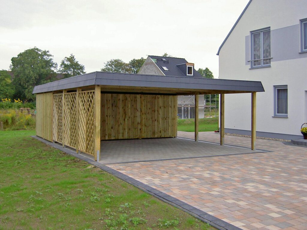 großer Flachdach-Doppelcarport mit Abstellkammer